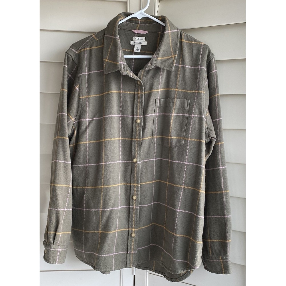 L.L. Bean Olive Green Plaid Button-Down Shirt with Yellow & Pink Lines